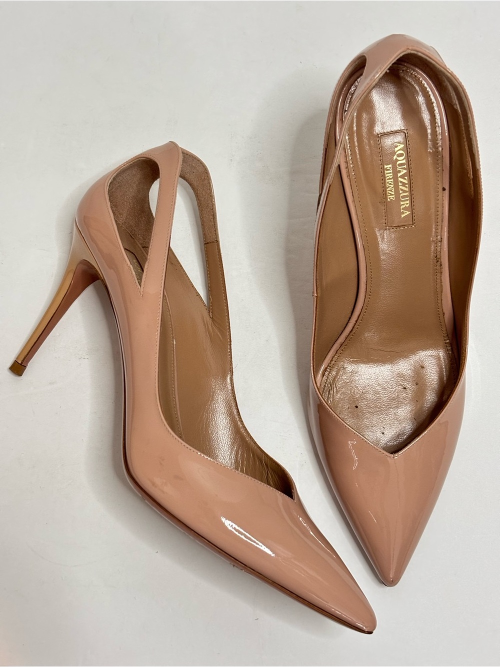 Aquazzura Shiva Pump 85 Patent Leather Powder Pink Cut Out Point Toe 39/9